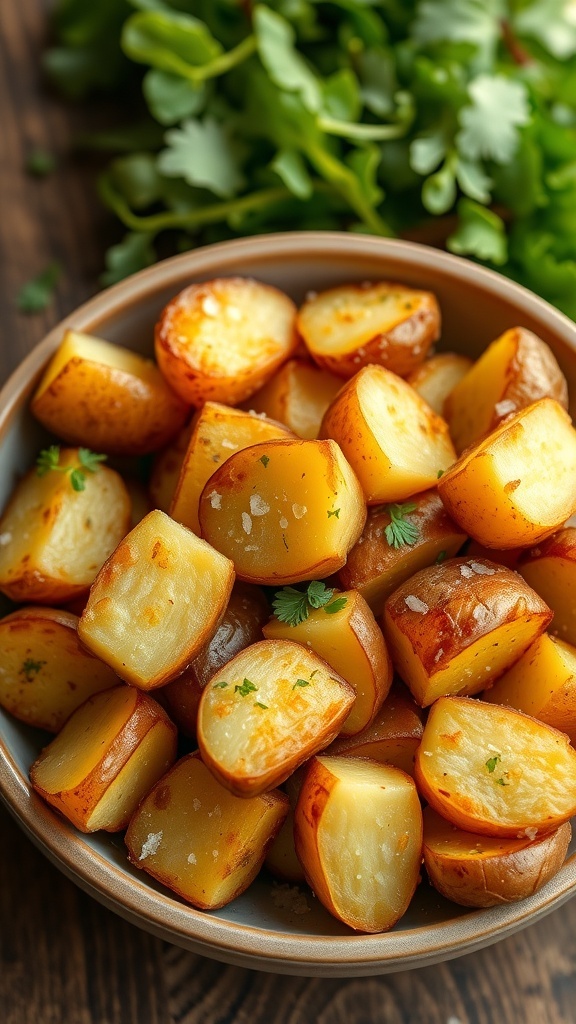 Crispy Air Fryer New Potatoes Recipe Crispy air fryer new potatoes garnished with herbs on a wooden table.
